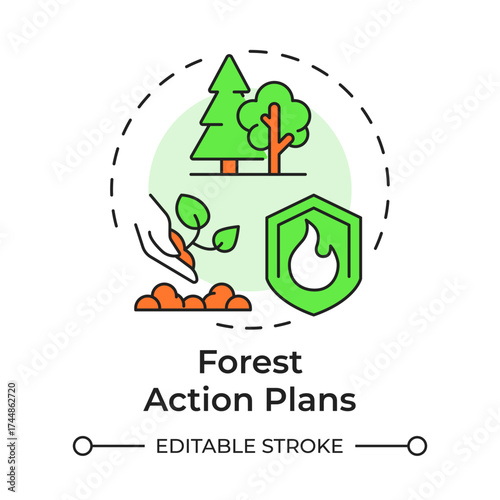 Forest action plans multi color concept icon. Wildfire prevention, protection. Round shape line illustration. Ecology preservation. Abstract idea. Graphic design. Easy to use in brochure, booklet