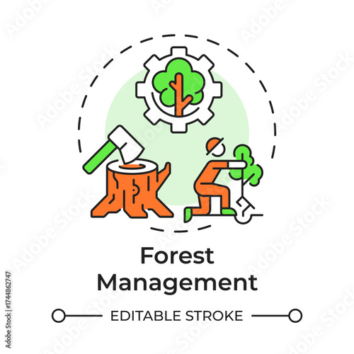 Forest management multi color concept icon. Tree planting, illegal logging. Ecosystem preservation. Round shape line illustration. Abstract idea. Graphic design. Easy to use in brochure, booklet