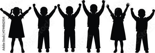 Silhouette of happy children standing with raised arms, joyful group of kids celebrating friendship and success, vector illustration design concept