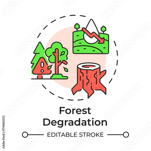 Forest degradation multi color concept icon. Water pollution, deforestation. Climate change, illegal logging. Round shape line illustration. Abstract idea. Graphic design. Easy to use in booklet