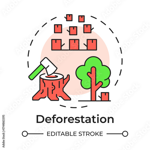 Deforestation multi color concept icon. Illegal logging, timber. Forest damage, environment. Round shape line illustration. Abstract idea. Graphic design. Easy to use in brochure, booklet