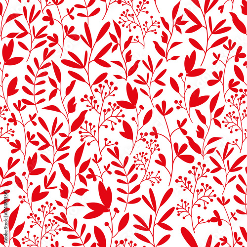 Vector pattern with branches and berries. In red. For textile wrapping paper