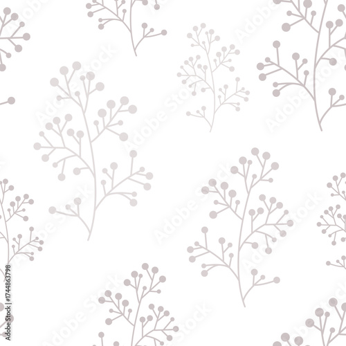 Vector pattern with branches and berries. Grey. For textile wrapping paper