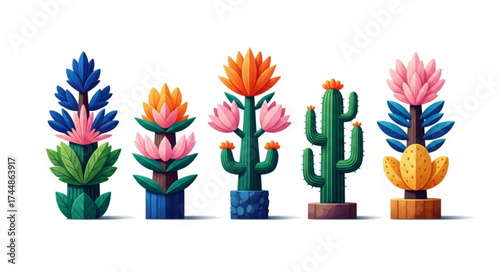 Fantasy flowers set. Whimsical quirky fancy blossoms, fairy dreamy blooms. Creative garden floral plants in fairytale fantastic style. Kids flat vector illustration isolated on white background