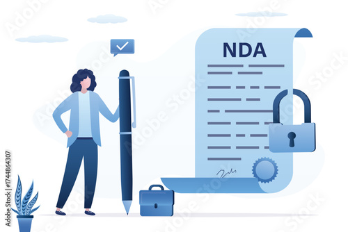 NDA or non-disclosure agreement contract, legal restrictions concept. Nondisclosure or know-how protection. Legal confidential document for working female employee.