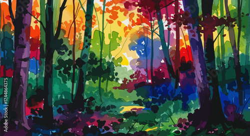 An expressive watercolor painting of a colorful autumn forest, creating a vibrant background with a light-filled open space, capturing the essence of fall