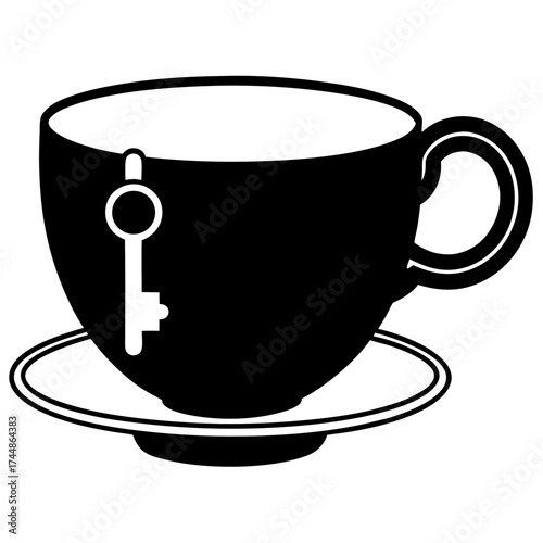 Illustration of a black teacup with a key hanging from it, the cup is on a saucer and has a handle