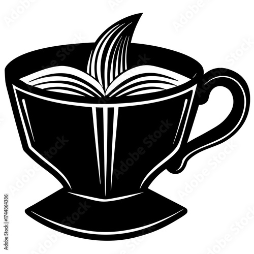 A captivating black and white illustration of a teacup filled with an open book, , symbolizing knowledge, relaxation, and the joy of reading
