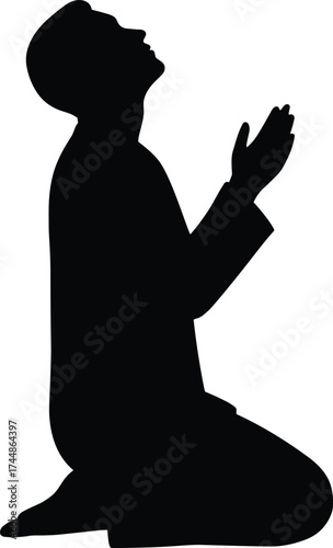 Silhouette of man kneeling and praying, faith and spirituality concept, hope and devotion vector illustration for religion, meditation, and belief design