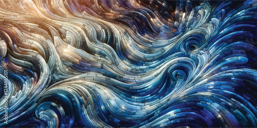 An abstract background of a glass shards wave pattern design. The hues range from blue to brown and white colors.