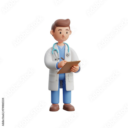 3D Cute Doctor Character Writing on Clipboard with Stethoscope