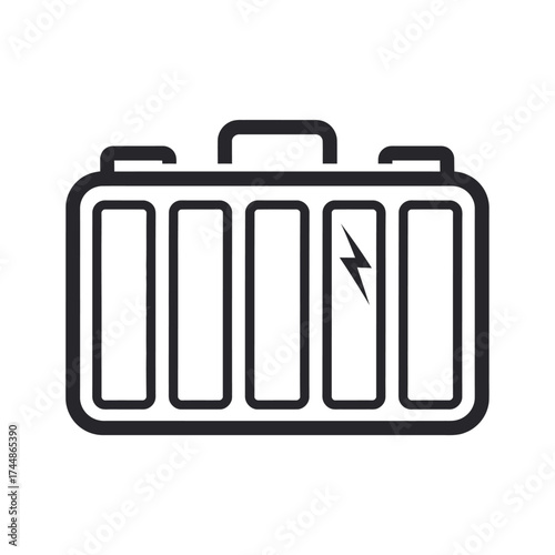 A simple black line icon of a car battery with an electric power symbol on a white background.