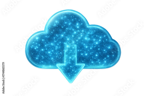 Bright blue digital cloud with glowing arrow symbolizing online data download, cloud computing, and digital storage