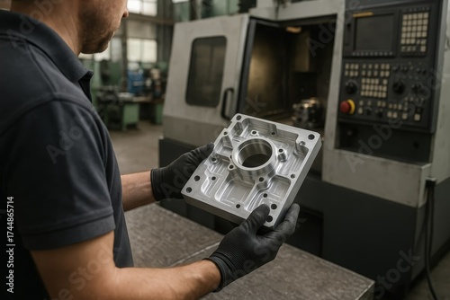 This image shows a man holding a precision-machined metal part. He stands in a factory, likely inspecting the component after production.