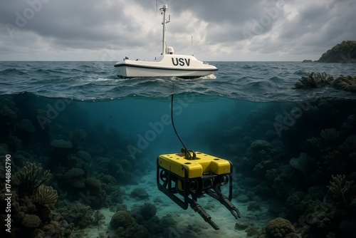 An USV deploys an underwater drone for ocean exploration. Advanced robotics aid in discovering marine environments and coral reefs.