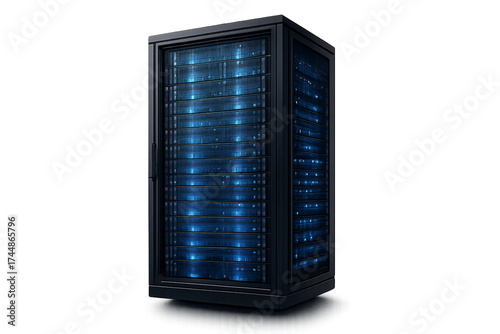 Modern data center server rack with blue lights representing cloud computing, web hosting, and digital storage technology