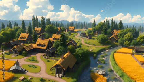 A detailed starter village map featuring thatched roof wooden houses with smoke drifting from chimneys, surrounded by lush green forests with tall trees.