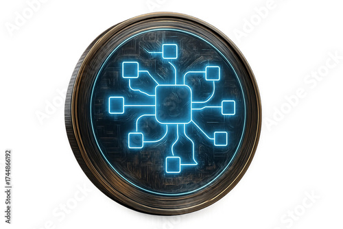 Futuristic glowing blue cyber network symbol representing blockchain, AI connectivity, and digital innovation