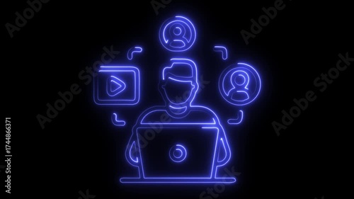 Wallpaper Mural Blue Neon Person with Laptop and Social Media Icons on Black Background image photo Torontodigital.ca