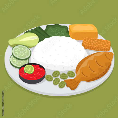 Vector illustration of Indonesian food, Nasi Tempong or sego tempong (rice with fried fish, fried tempeh, fried tofu, sambal and lime, petai, chayote, long beans and caisim)