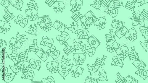 Pattern patterned outlines of money people and birds create a light green microstock background
