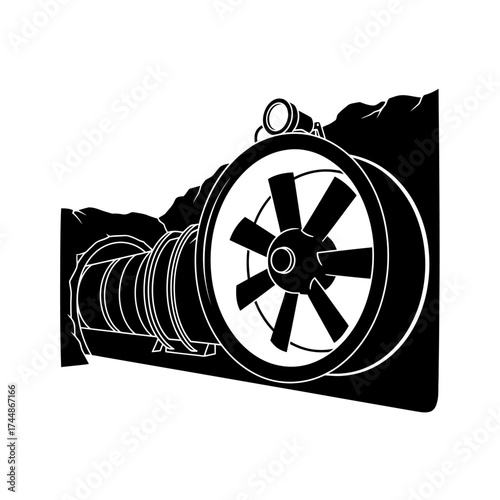 Detailed illustration of a mechanical device with a large wheel and cylindrical components.