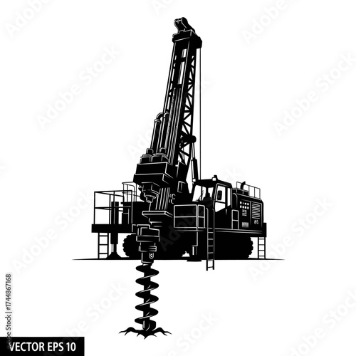 Detailed Silhouette of a Powerful Drilling Rig in Action.