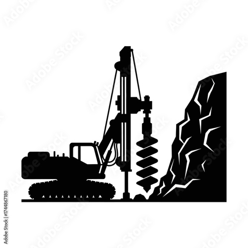 Drilling Rig Silhouette on White Background.