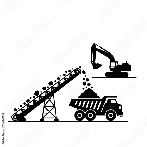 Industrial machinery silhouette with excavator conveyor and dump truck.