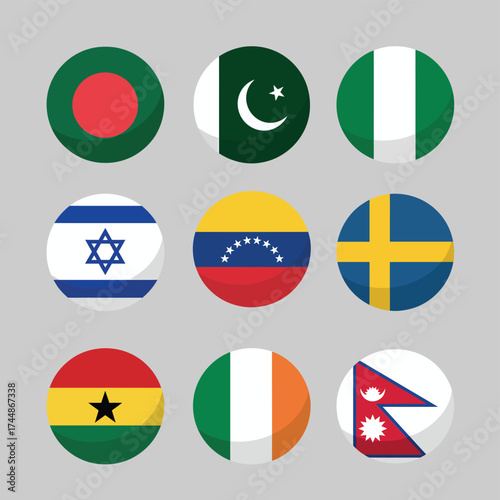 Flat Style Round Shape World Country Flag Icon Set Design