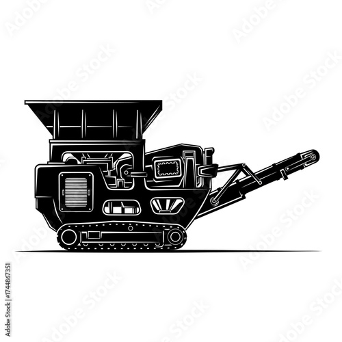 Industrial Rock Crusher Machine on Tracks Illustration.