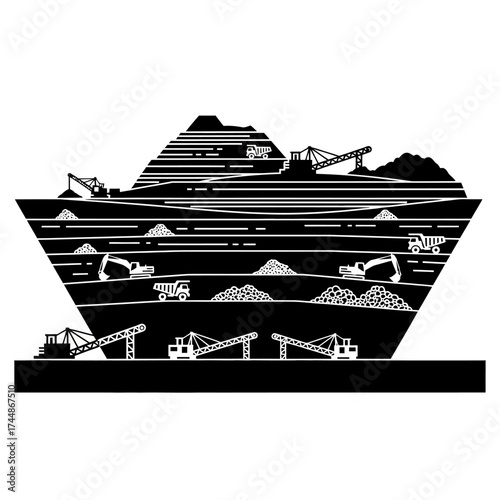 Mining Operation Silhouette - Extracting Resources from the Earth.