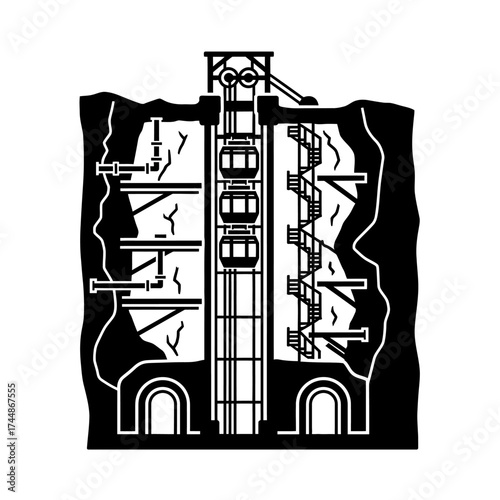 Schematic illustration of an underground mine shaft with elevator.