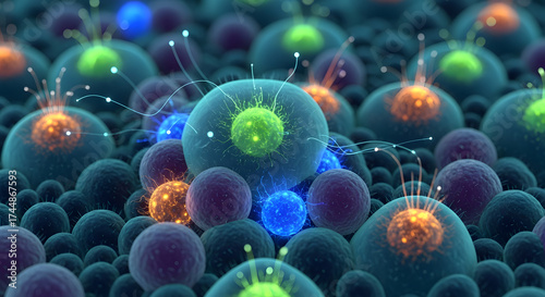Microscopic World: Vibrant Cells, Nanotechnology, and Biological Processes - 3D Render