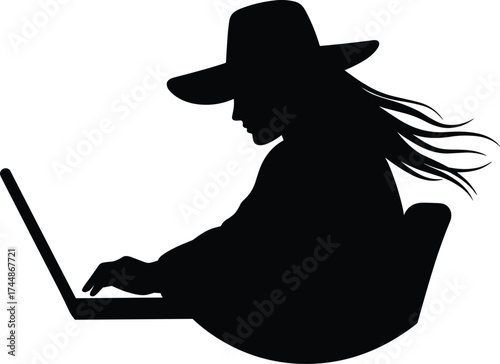 Silhouette of woman wearing wide hat working on laptop, freelancer lifestyle illustration, online communication, digital workspace, technology, modern business and creative remote work concept