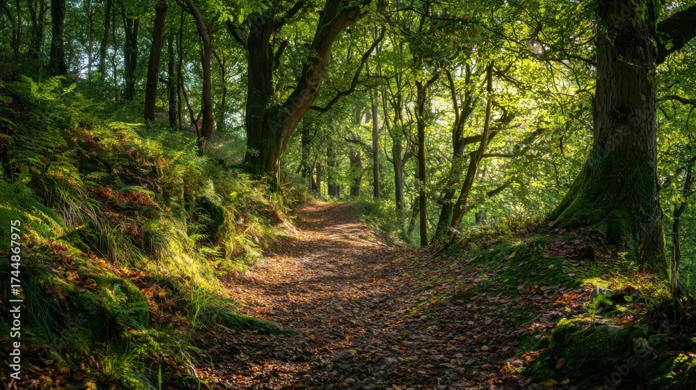 Obraz premium Exploring a serene forest path nature trails photography lush environment tranquil viewpoint outdoor adventure