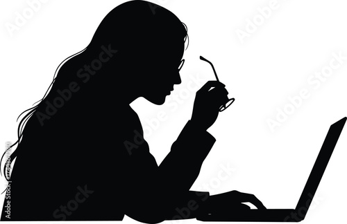 Silhouette of woman working on laptop holding eyeglasses, focused professional, business concept, technology, workplace concentration, digital communication, and modern office vector illustration