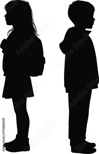 Silhouette of young boy and girl standing back to back, childhood communication concept, friendship distance, emotional connection, vector illustration design