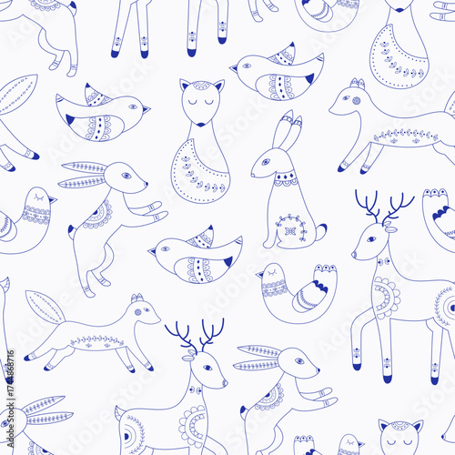 Vector pattern in Scandinavian style.Forest animals In blue. For textile wrapping paper