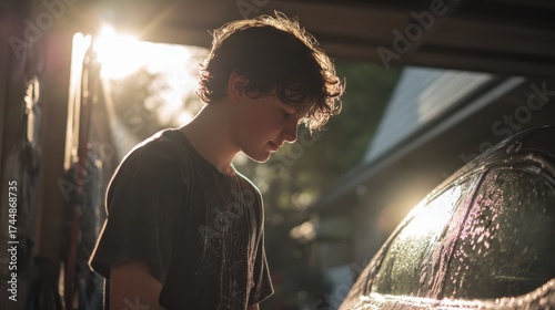 Teen boy washing car in garage sunlit evening lifestyle photography warm environment side view youth engagement