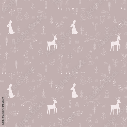 Vector pattern in Scandinavian style.Forest animals In blue. For textile wrapping paper