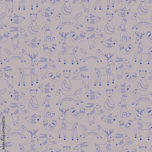 Vector pattern in Scandinavian style.Forest animals In blue. For textile wrapping paper