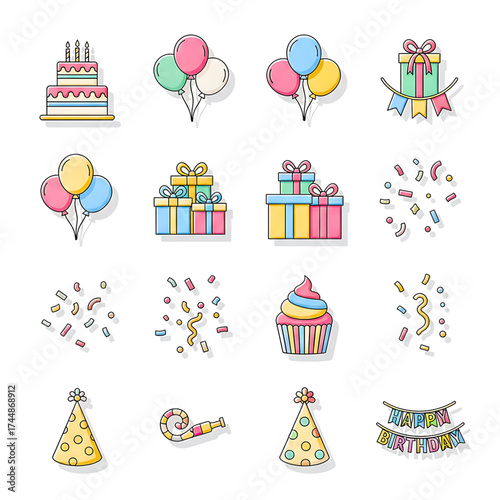 Colorful Birthday Party Icons Set with Balloons, Cake, Gifts, and Confetti in Flat Outline Style