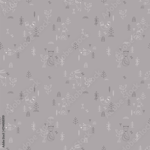 Vector pattern in Scandinavian style.Forest animals In gray. For textile wrapping paper
