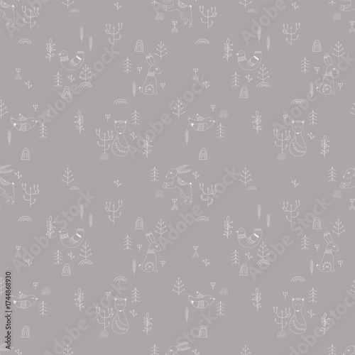 Vector pattern in Scandinavian style.Forest animals In gray. For textile wrapping paper