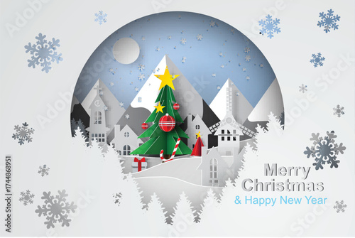 Merry Christmas tree with  decorate beautiful circle shape concept.Creative paper cut and craft minimal style.Happy new year landscape mountain homes.Holiday winter snow season vector illustration