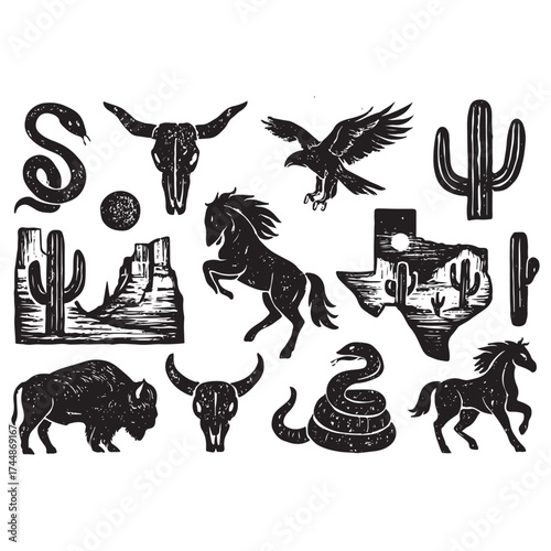 Linocut western boho set vector silhouette