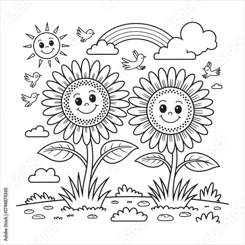 Smiling Sunflowers and Cartoon Nature Scene for Kids Coloring Page