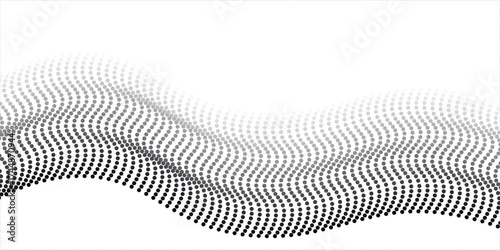 Flowing dots particles wave pattern halftone gradient curve shape isolated on white background. Vector in concept of technology, science, music, modern.