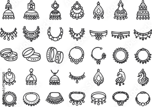 Indian Jewelry Collection Earrings Necklaces Rings Nose Rings in Line Art